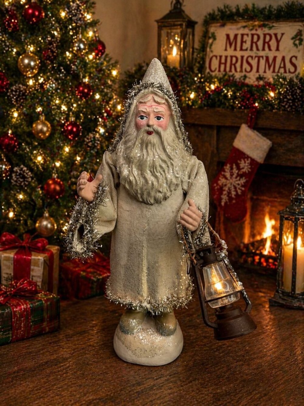 Vintage Style Lantern Santa Figure Fabric Coat Mica Trim Rustic 14"